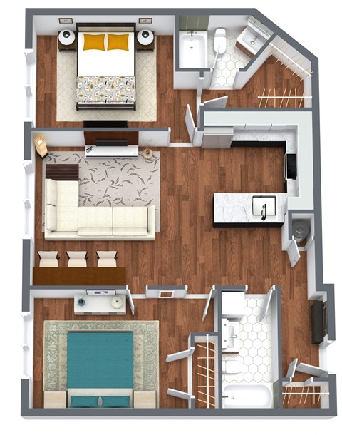 Floor plan for 2 beds, 2 baths, 925 sqft